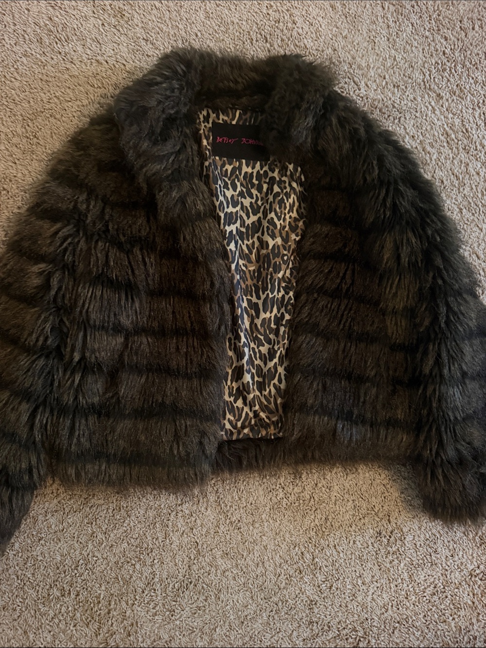 Betsey Johnson Dark Brown Faux Fur Teddy Jacket with Leopard Lining